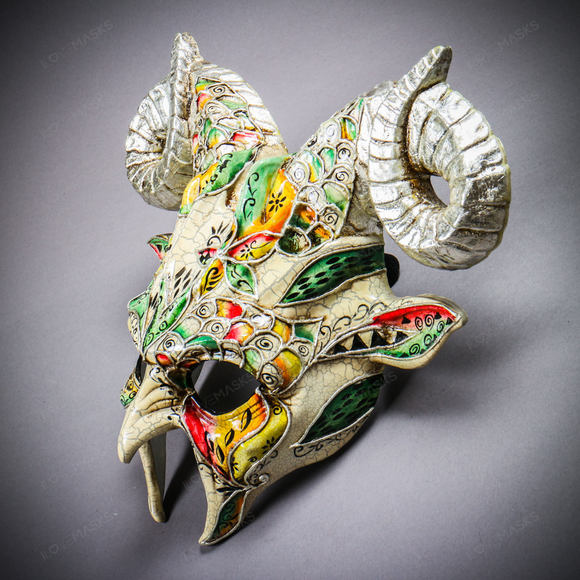 Krampus Ram Demon with Horns Venetian Devil Halloween Mask - Silver - Picture 6 of 9
